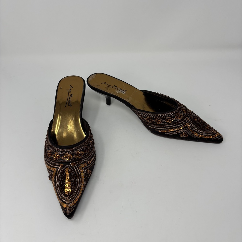 Anne Michelle Brown Sequin Beaded Pointed Toe Kitten Heel Mules PEACH-01 Size 7